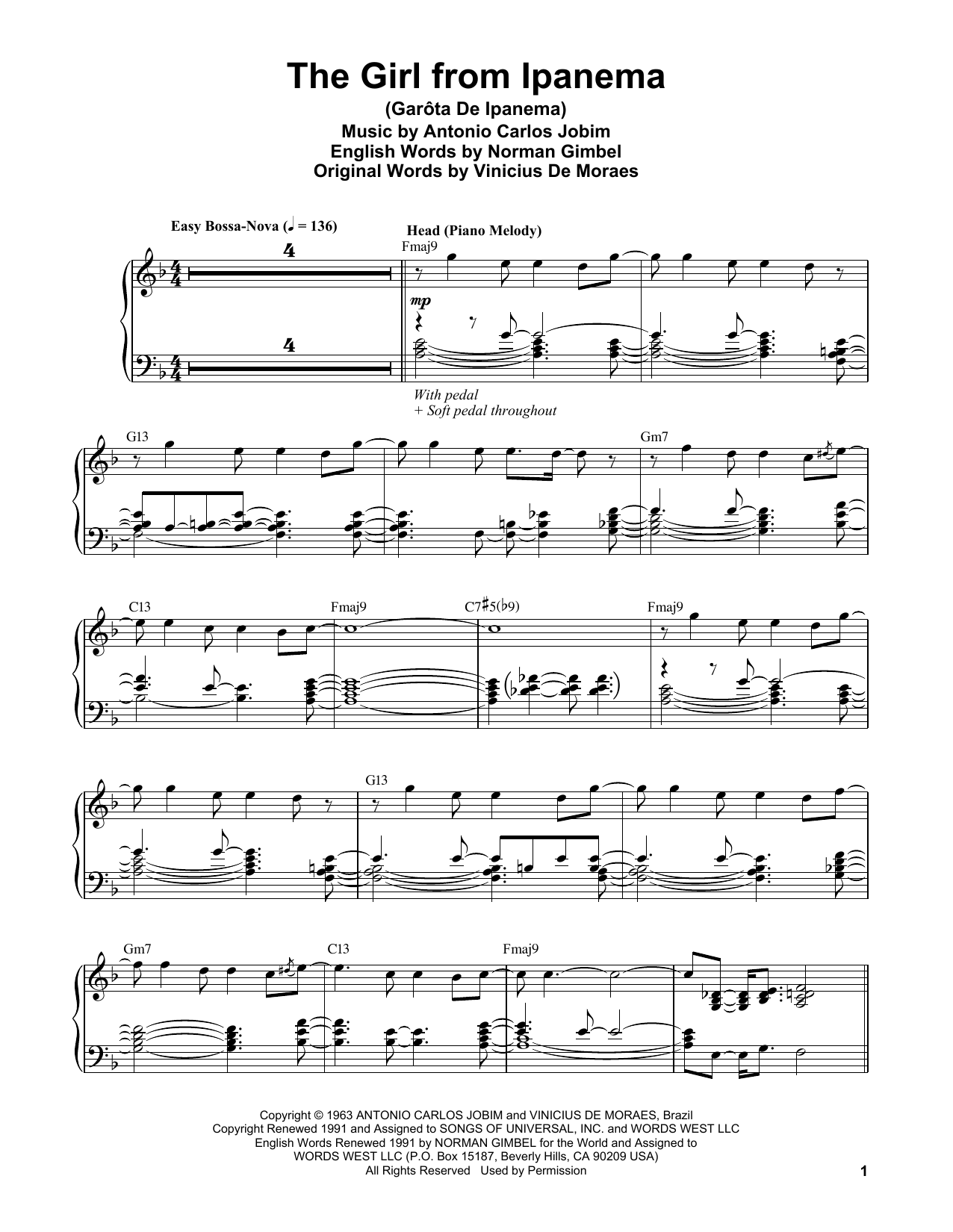 Vince Guaraldi The Girl From Ipanema (Garota De Ipanema) sheet music preview music notes and score for Piano Transcription including 5 page(s)