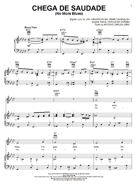 Vinicius de Moraes Chega De Saudade (No More Blues) sheet music, chords, lyrics - Printable PDF for Piano, Vocal & Guitar (Right-Hand Melody)