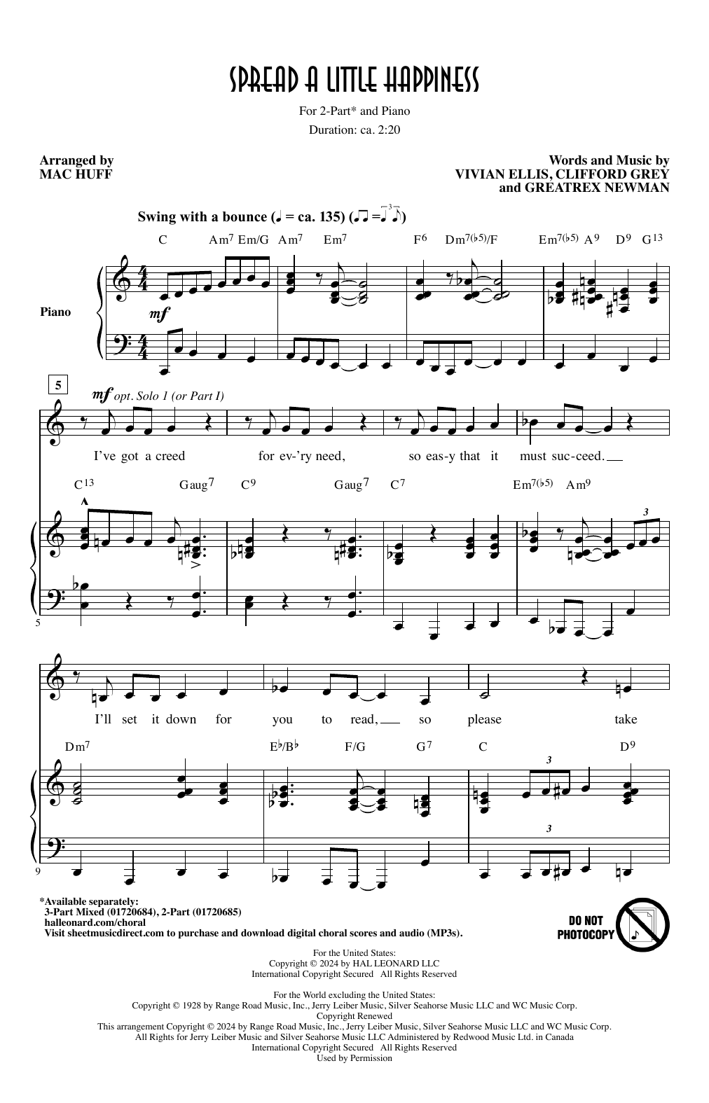 Vivian Ellis, Greatrex Newman, and Clifford Grey Spread A Little Happiness (arr. Mac Huff) sheet music, chords, lyrics - Printable PDF for 2-Part Choir