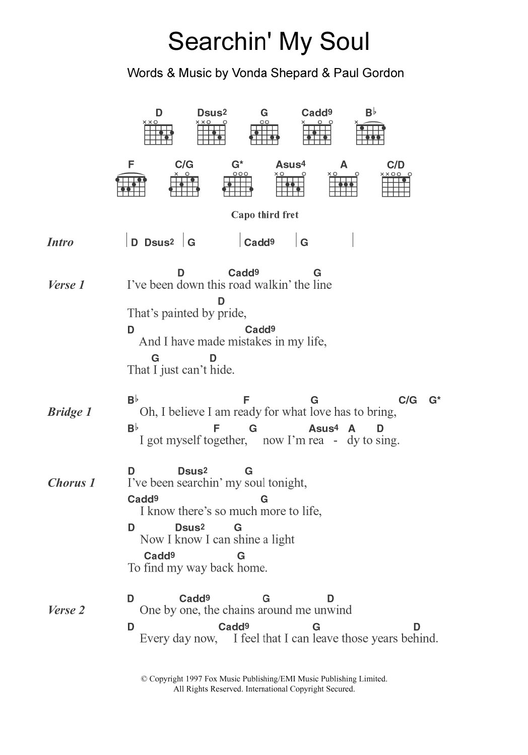 Learn to play Vonda Shepard Searchin' My Soul (theme from Ally McBeal) sheet music for Piano (Big Notes) in minutes. Vonda Shepard Searchin' My Soul (theme from Ally McBeal) sheet music preview music notes and score for Piano (Big Notes) including 6 page(s)