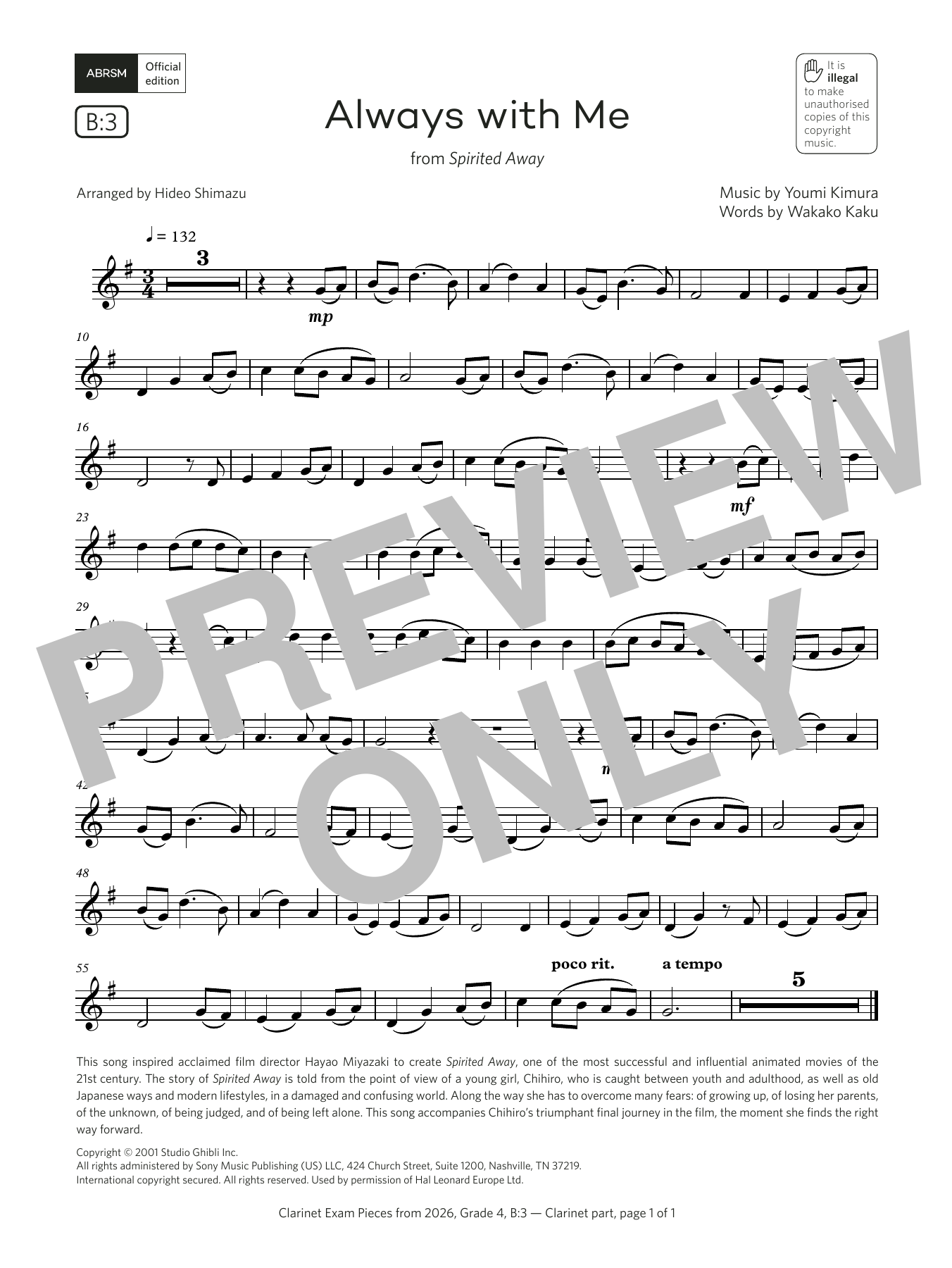 Wakako Kaku Always with Me (Grade 4, list B3, from the ABRSM Clarinet Syllabus from 2026) sheet music, chords, lyrics - Printable PDF for Clarinet Solo