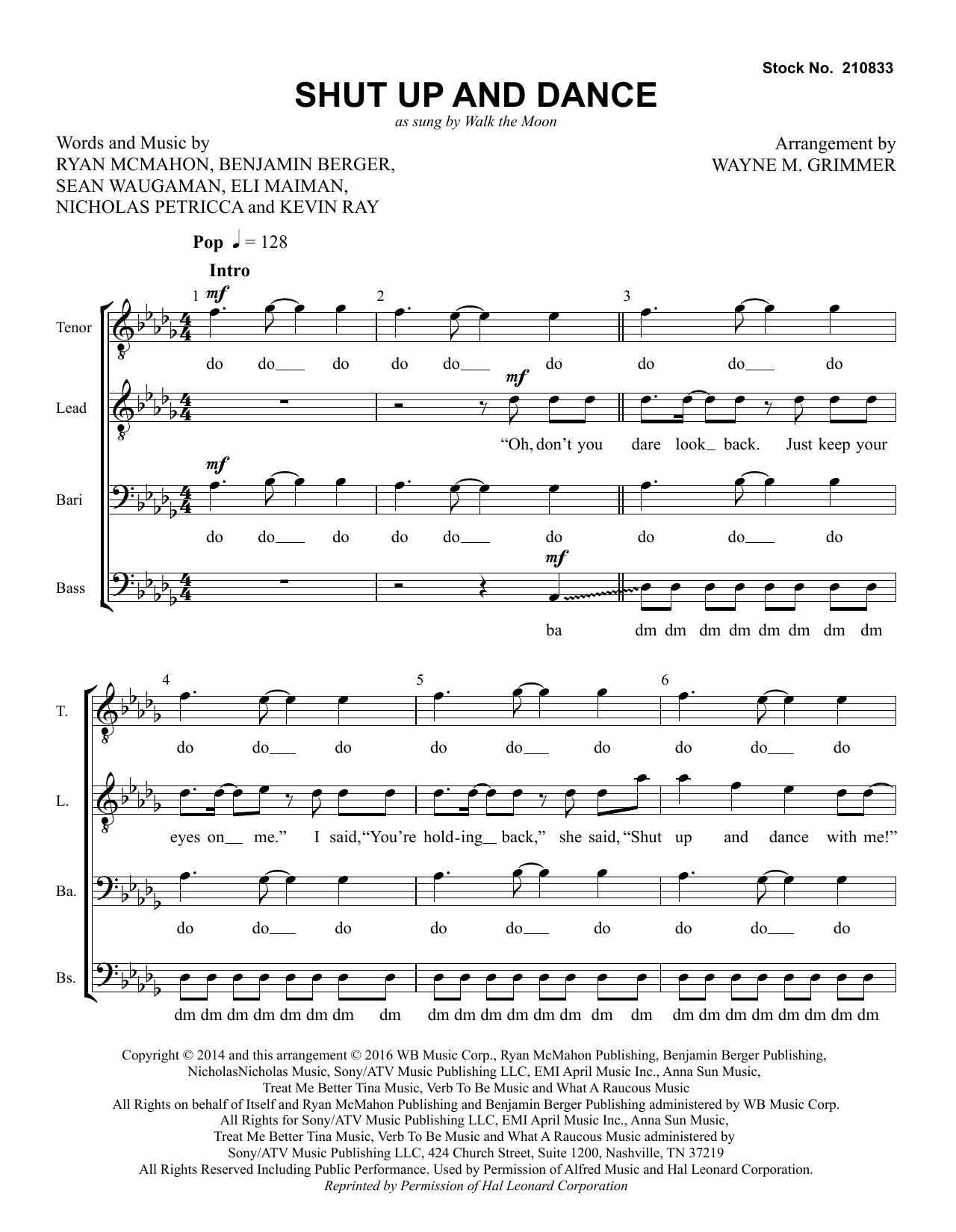 Learn to play Walk The Moon Shut Up and Dance (arr. Wayne Grimmer) sheet music for TTBB Choir in minutes. Walk The Moon Shut Up and Dance (arr. Wayne Grimmer) sheet music preview music notes and score for TTBB Choir including 15 page(s)