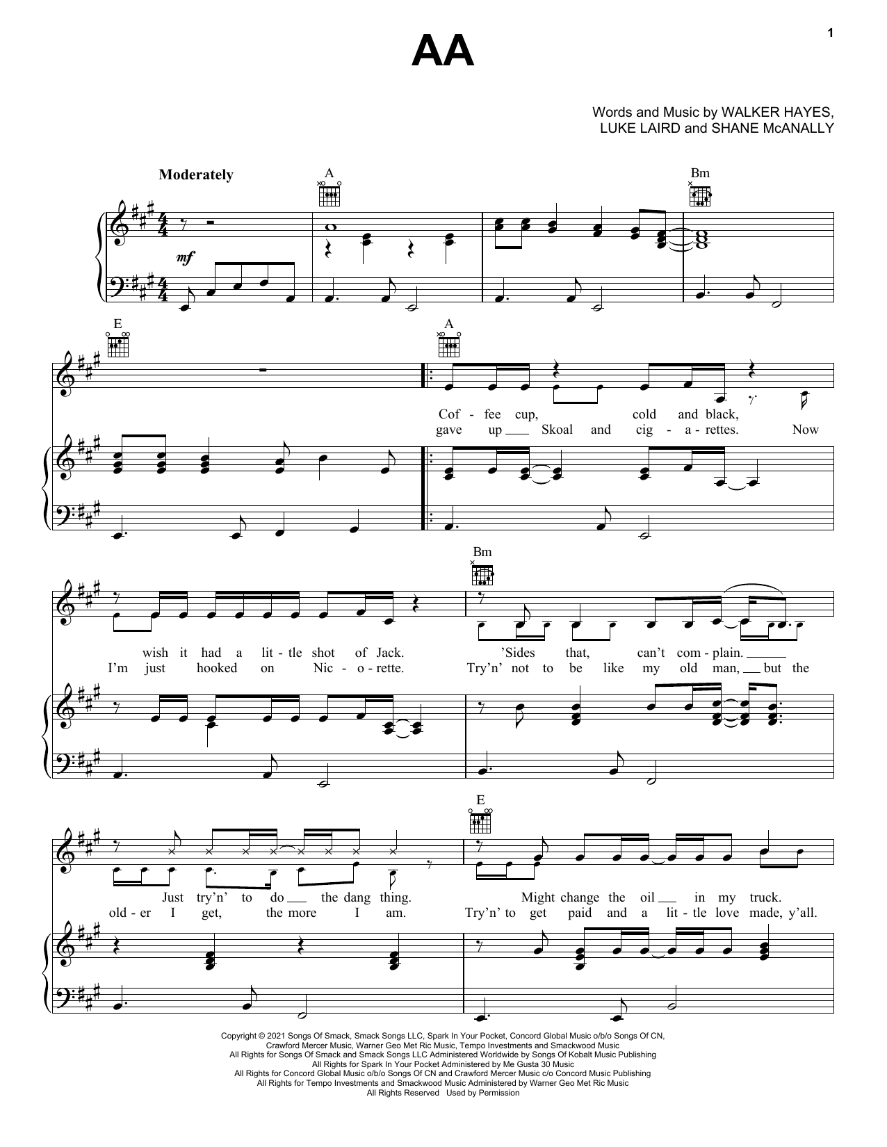 Learn to play Walker Hayes AA sheet music for Piano, Vocal & Guitar Chords (Right-Hand Melody) in minutes. Walker Hayes AA sheet music preview music notes and score for Piano, Vocal & Guitar Chords (Right-Hand Melody) including 4 page(s)