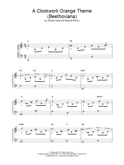Walter Carlos A Clockwork Orange Theme (Beethoviana) sheet music, chords, lyrics - Printable PDF for Piano