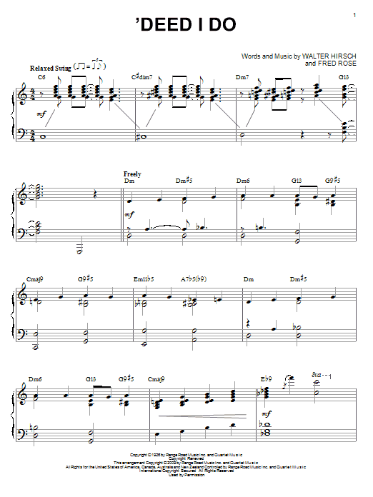 Learn to play Fred Rose 'Deed I Do sheet music for Piano in minutes. Fred Rose 'Deed I Do sheet music preview music notes and score for Piano including 6 page(s)