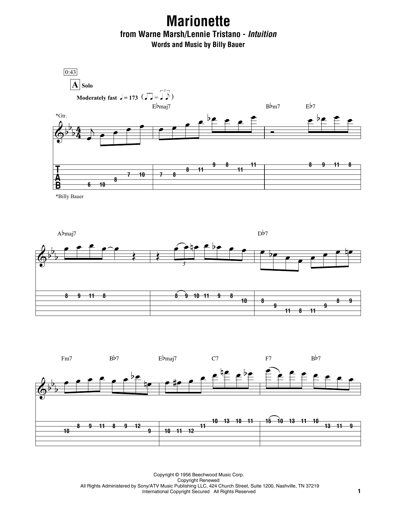 Learn to play Warne Marsh & Lennie Tristano Marionette sheet music for Electric Guitar Transcription in minutes. Warne Marsh & Lennie Tristano Marionette sheet music preview music notes and score for Electric Guitar Transcription including 3 page(s)