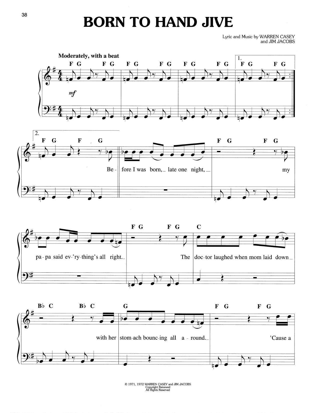 Warren Casey & Jim Jacobs Born To Hand Jive (from Grease) sheet music, chords, lyrics - Printable PDF for Easy Piano