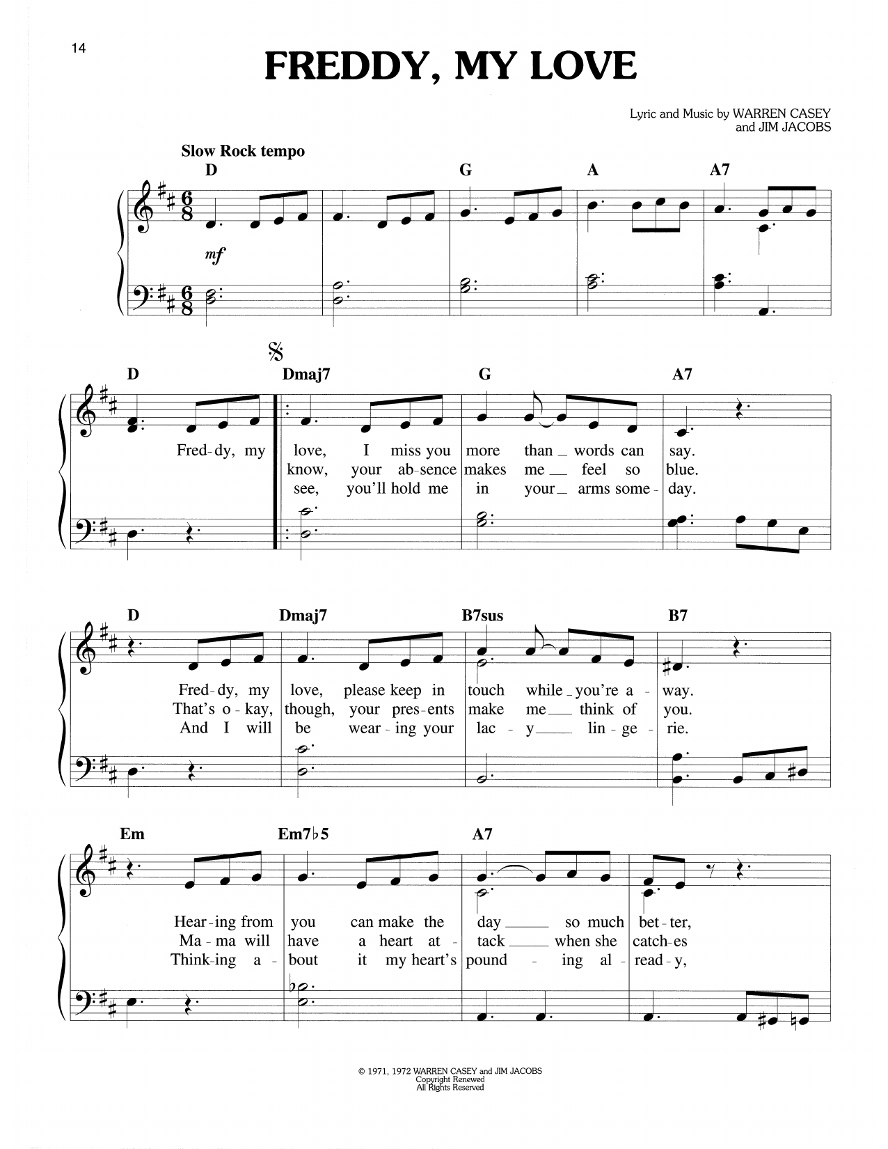 Warren Casey & Jim Jacobs Freddy, My Love (from Grease) sheet music, chords, lyrics - Printable PDF for Easy Piano