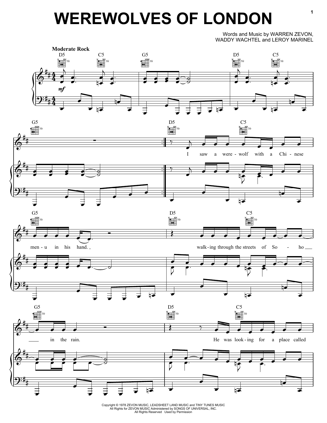 Learn to play Warren Zevon Werewolves Of London sheet music for Piano, Vocal & Guitar in minutes. Warren Zevon Werewolves Of London sheet music preview music notes and score for Piano, Vocal & Guitar including 6 page(s)