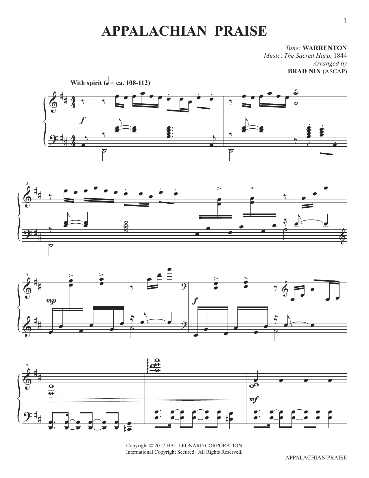 Warrenton from Sacred Harp Appalachian Praise (arr. Brad Nix) sheet music preview music notes and score for Piano Solo including 6 page(s)