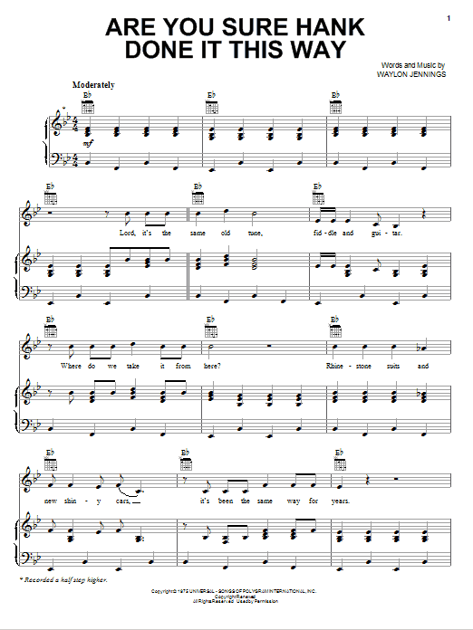 Waylon Jennings Are You Sure Hank Done It This Way sheet music preview music notes and score for Piano, Vocal & Guitar (Right-Hand Melody) including 5 page(s)