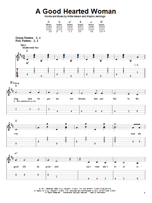 Learn to play Waylon Jennings & Willie Nelson A Good Hearted Woman sheet music for Easy Guitar in minutes. Waylon Jennings & Willie Nelson A Good Hearted Woman sheet music preview music notes and score for Easy Guitar including 3 page(s)