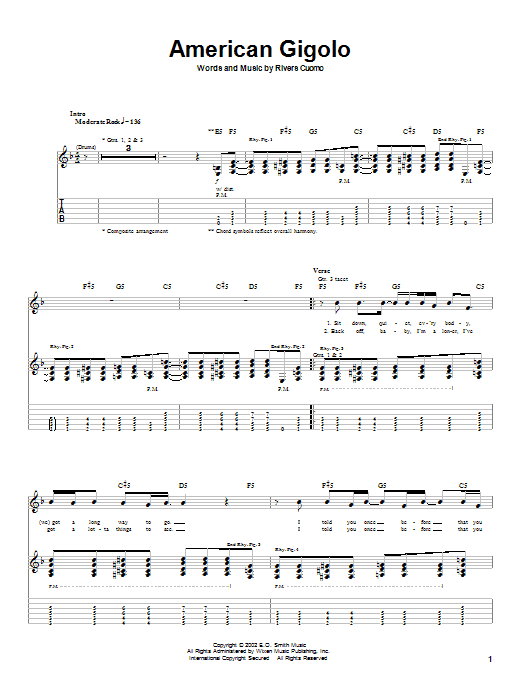 Weezer American Gigolo sheet music preview music notes and score for Guitar Tab including 4 page(s)
