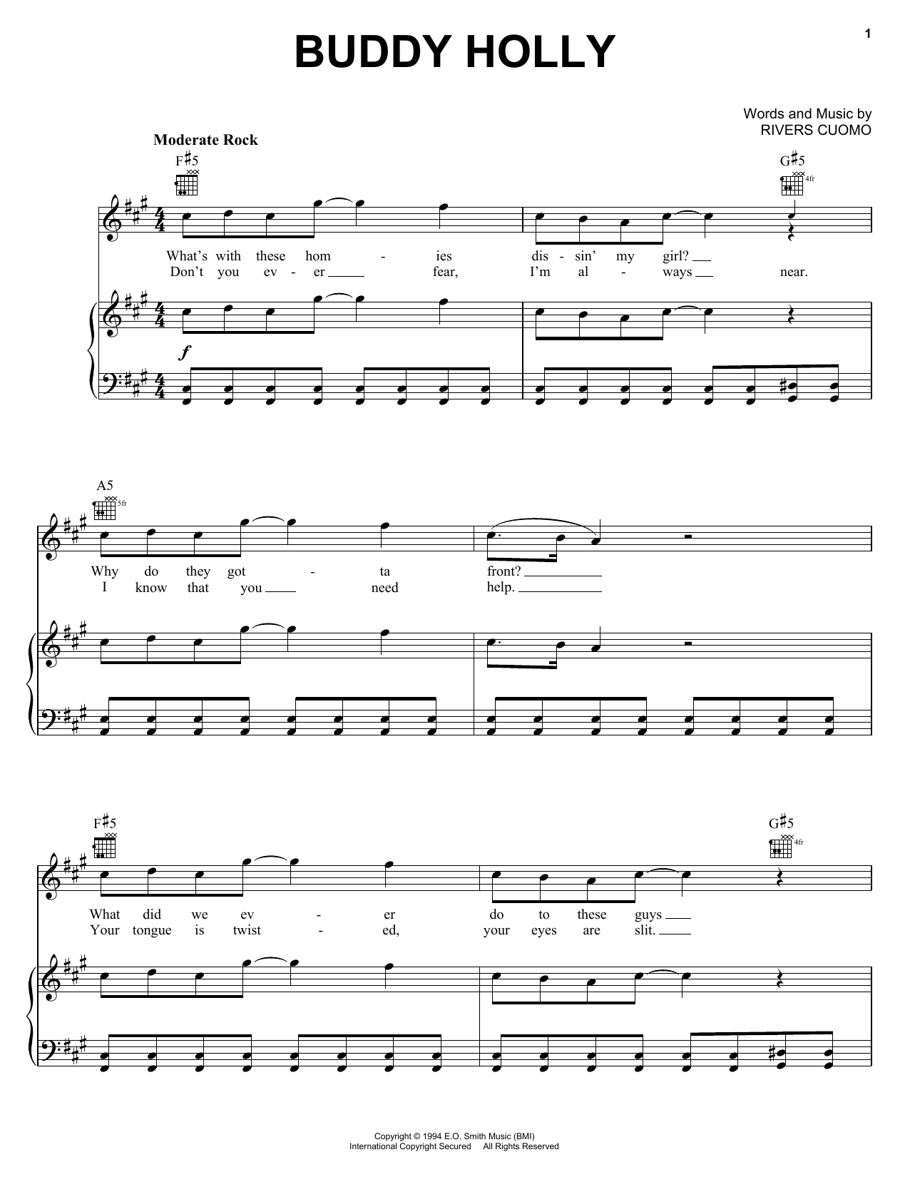 Weezer Buddy Holly sheet music preview music notes and score for Piano, Vocal & Guitar (Right-Hand Melody) including 7 page(s)