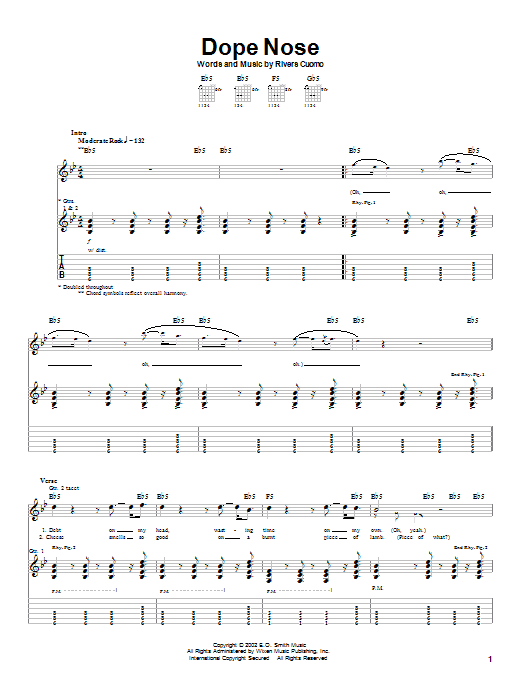 Weezer Dope Nose sheet music preview music notes and score for Guitar Tab including 3 page(s)