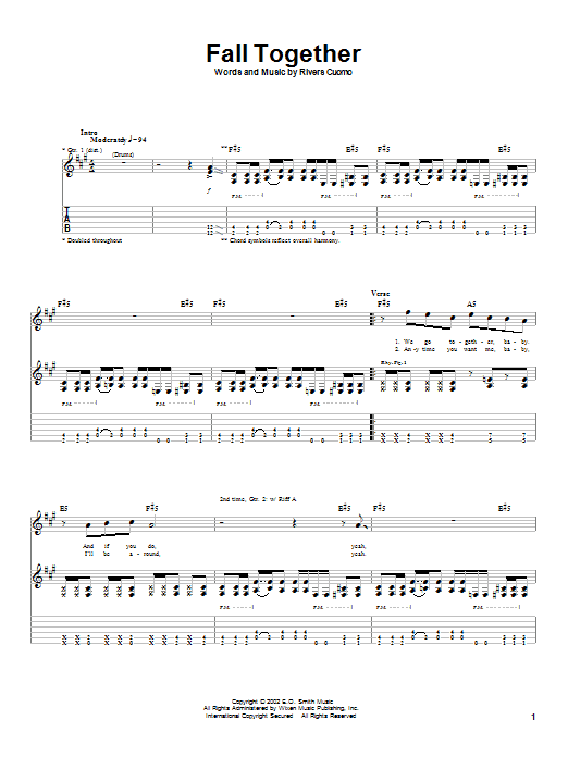 Download Weezer Fall Together sheet music notes and chords for Guitar Tab - Download Printable PDF and start playing in minutes.