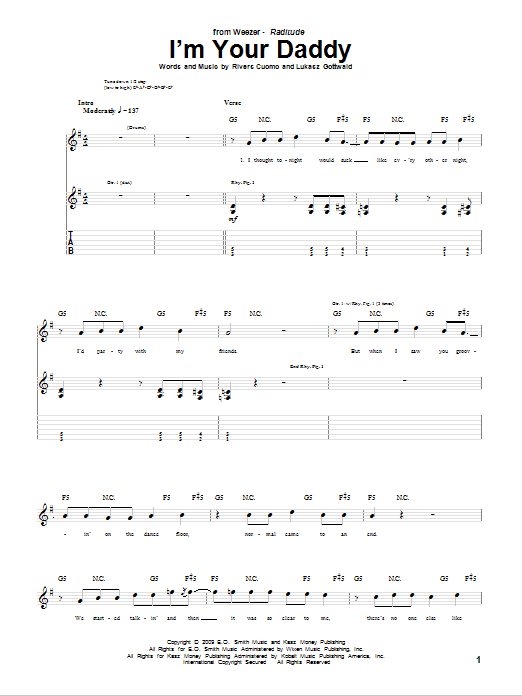 Weezer I'm Your Daddy sheet music preview music notes and score for Guitar Tab including 6 page(s)