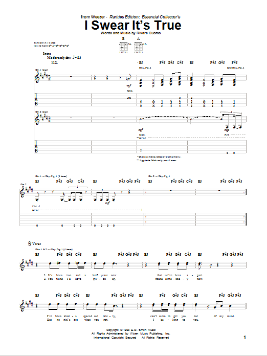 Weezer I Swear It's True sheet music preview music notes and score for Guitar Tab including 4 page(s)
