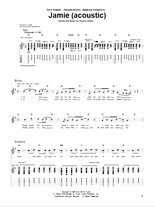 Weezer Jamie (Acoustic Version) sheet music preview music notes and score for Guitar Tab including 5 page(s)