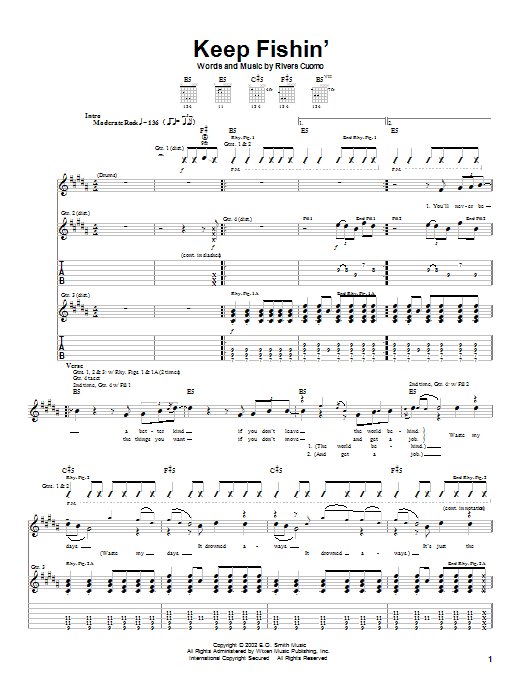 Weezer Keep Fishin' sheet music preview music notes and score for Guitar Tab including 4 page(s)