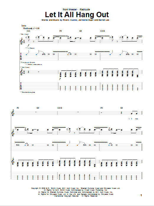 Weezer Let It All Hang Out sheet music preview music notes and score for Guitar Tab including 8 page(s)