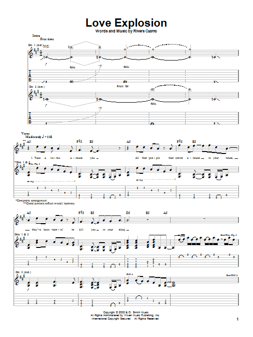 Weezer Love Explosion sheet music preview music notes and score for Guitar Tab including 5 page(s)