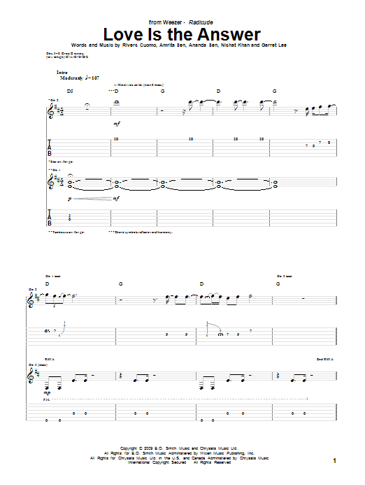 Weezer Love Is The Answer sheet music preview music notes and score for Guitar Tab including 7 page(s)