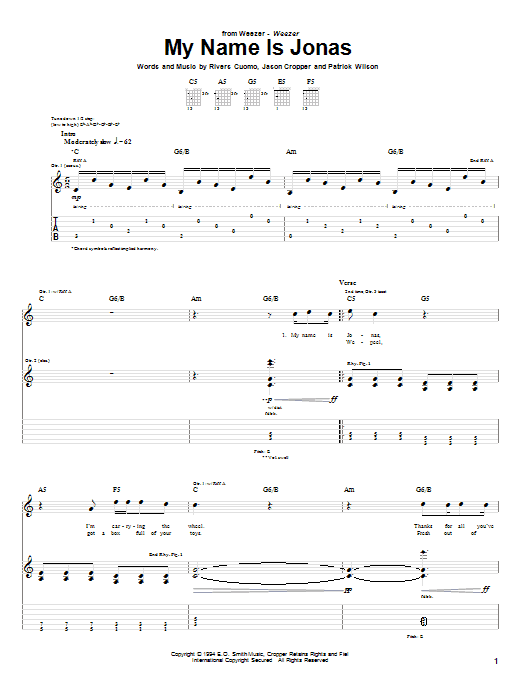 Learn to play Weezer My Name Is Jonas sheet music for Guitar Tab in minutes. Weezer My Name Is Jonas sheet music preview music notes and score for Guitar Tab including 5 page(s)
