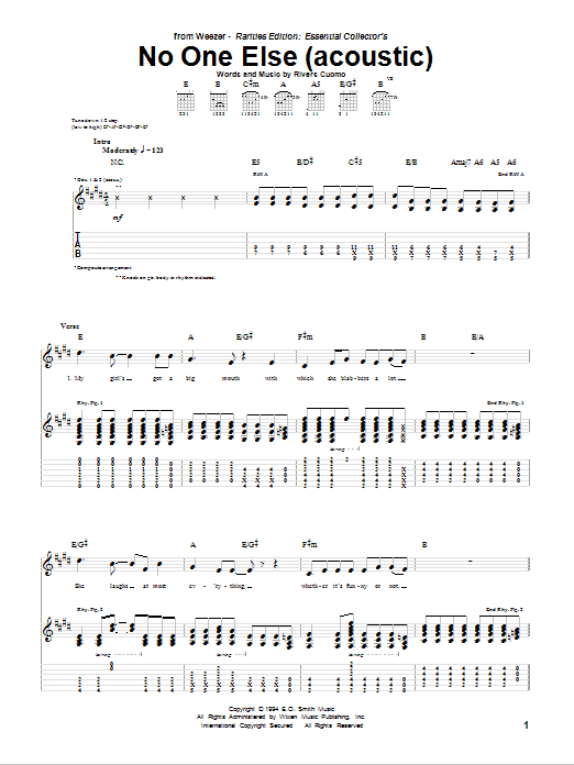 Weezer No One Else sheet music preview music notes and score for Guitar Tab including 5 page(s)