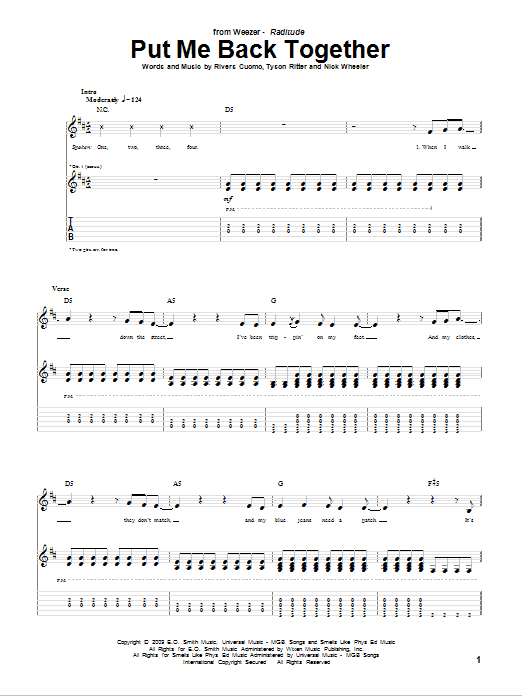 Learn to play Weezer Put Me Back Together sheet music for Guitar Tab in minutes. Weezer Put Me Back Together sheet music preview music notes and score for Guitar Tab including 8 page(s)