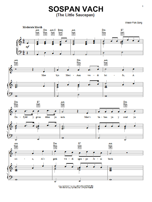 Learn to play Welsh Folksong Sospan Vach (The Little Saucepan) sheet music for Piano, Vocal & Guitar (Right-Hand Melody) in minutes. Welsh Folksong Sospan Vach (The Little Saucepan) sheet music preview music notes and score for Piano, Vocal & Guitar (Right-Hand Melody) including 2 page(s)