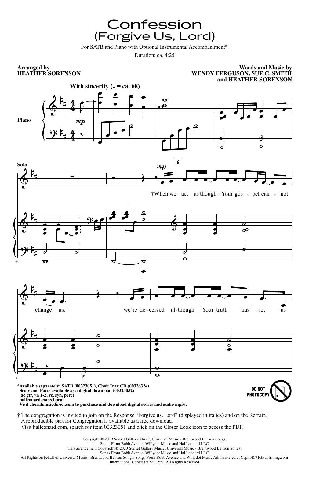 Wendy Ferguson, Sue C. Smith and Heather Sorenson Confession (Forgive Us, Lord) (arr. Heather Sorenson) sheet music, chords, lyrics - Printable PDF for SATB Choir