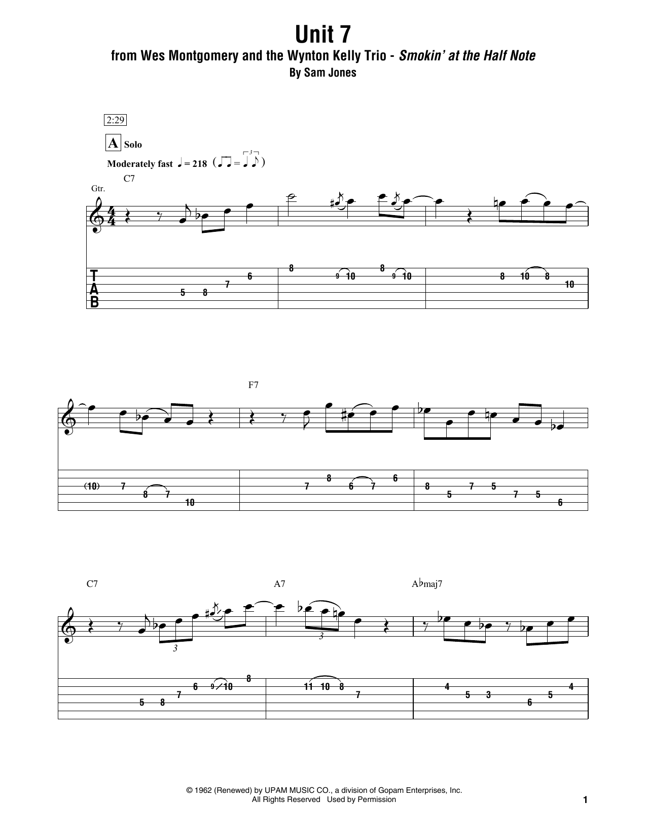 Wes Montgomery and the Wynton Kelly Trio Unit 7 sheet music preview music notes and score for Electric Guitar Transcription including 14 page(s)
