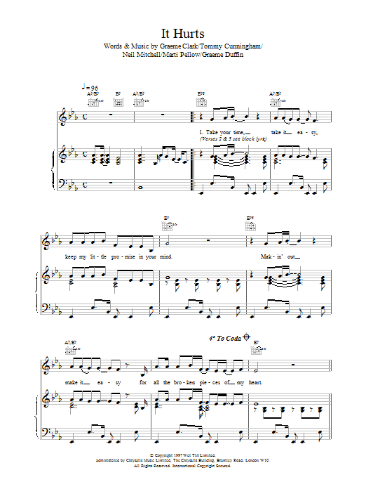 Wet Wet Wet It Hurts sheet music preview music notes and score for Piano, Vocal & Guitar (Right-Hand Melody) including 4 page(s)