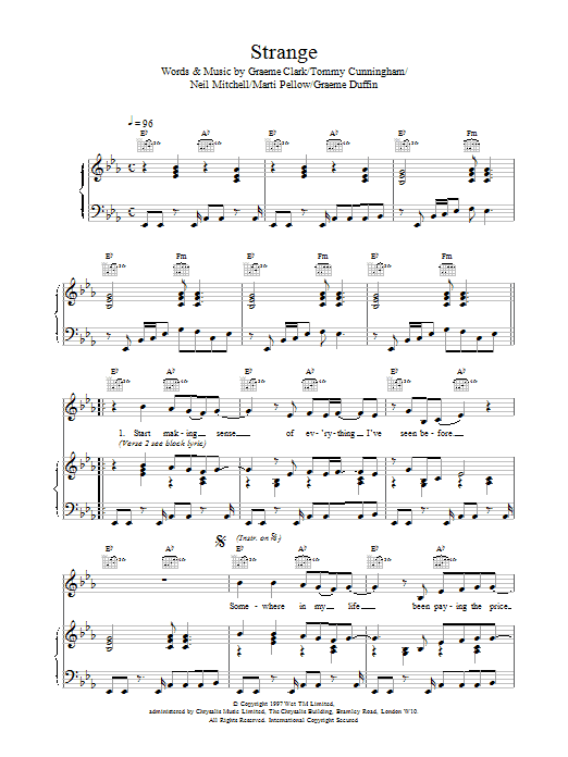 Wet Wet Wet Strange sheet music preview music notes and score for Piano, Vocal & Guitar (Right-Hand Melody) including 4 page(s)