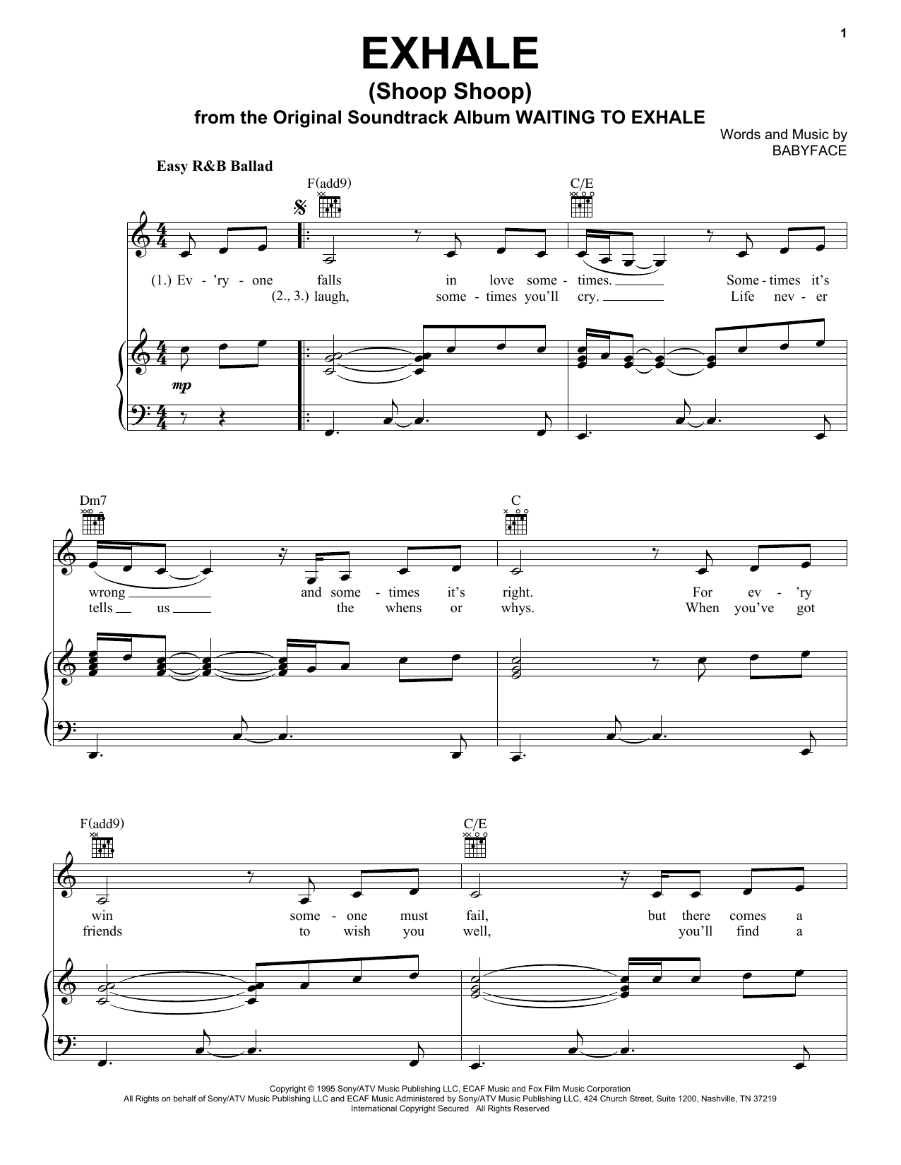 Whitney Houston Exhale (Shoop Shoop) sheet music preview music notes and score for Piano, Vocal & Guitar (Right-Hand Melody) including 3 page(s)