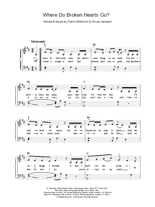 Learn to play Whitney Houston Where Do Broken Hearts Go sheet music for Piano, Vocal & Guitar (Right-Hand Melody) in minutes. Whitney Houston Where Do Broken Hearts Go sheet music preview music notes and score for Piano, Vocal & Guitar (Right-Hand Melody) including 4 page(s)