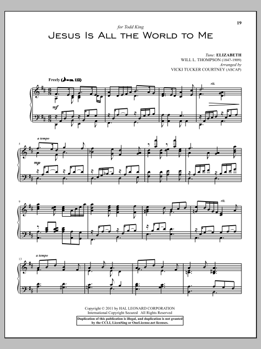 Learn to play Will L. Thompson Jesus Is All The World To Me sheet music for Piano in minutes. Will L. Thompson Jesus Is All The World To Me sheet music preview music notes and score for Piano including 3 page(s)