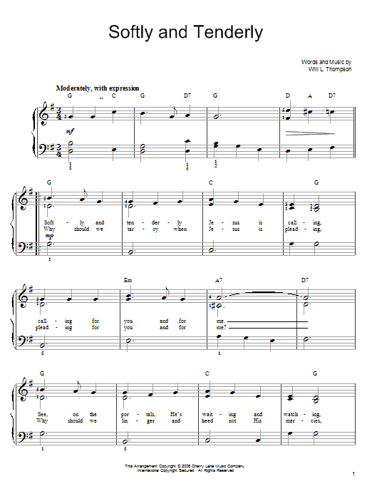 Learn to play Will L. Thompson Softly And Tenderly sheet music for Easy Piano in minutes. Will L. Thompson Softly And Tenderly sheet music preview music notes and score for Easy Piano including 2 page(s)