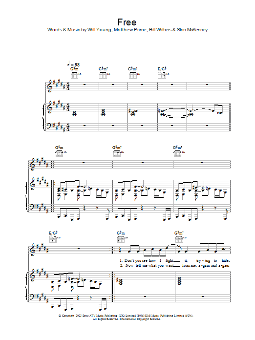 Learn to play Will Young Free sheet music for Piano, Vocal & Guitar in minutes. Will Young Free sheet music preview music notes and score for Piano, Vocal & Guitar including 5 page(s)