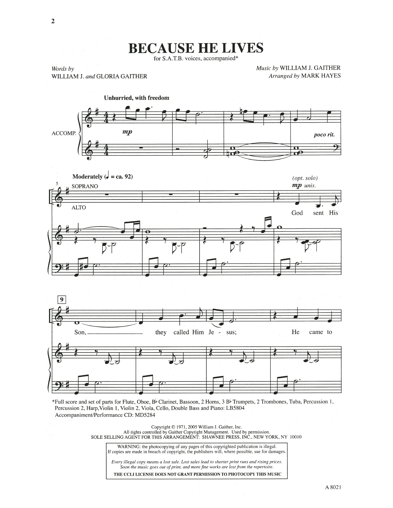 William & Gloria Gaither Because He Lives (arr. Mark Hayes) sheet music, chords, lyrics - Printable PDF for SATB Choir
