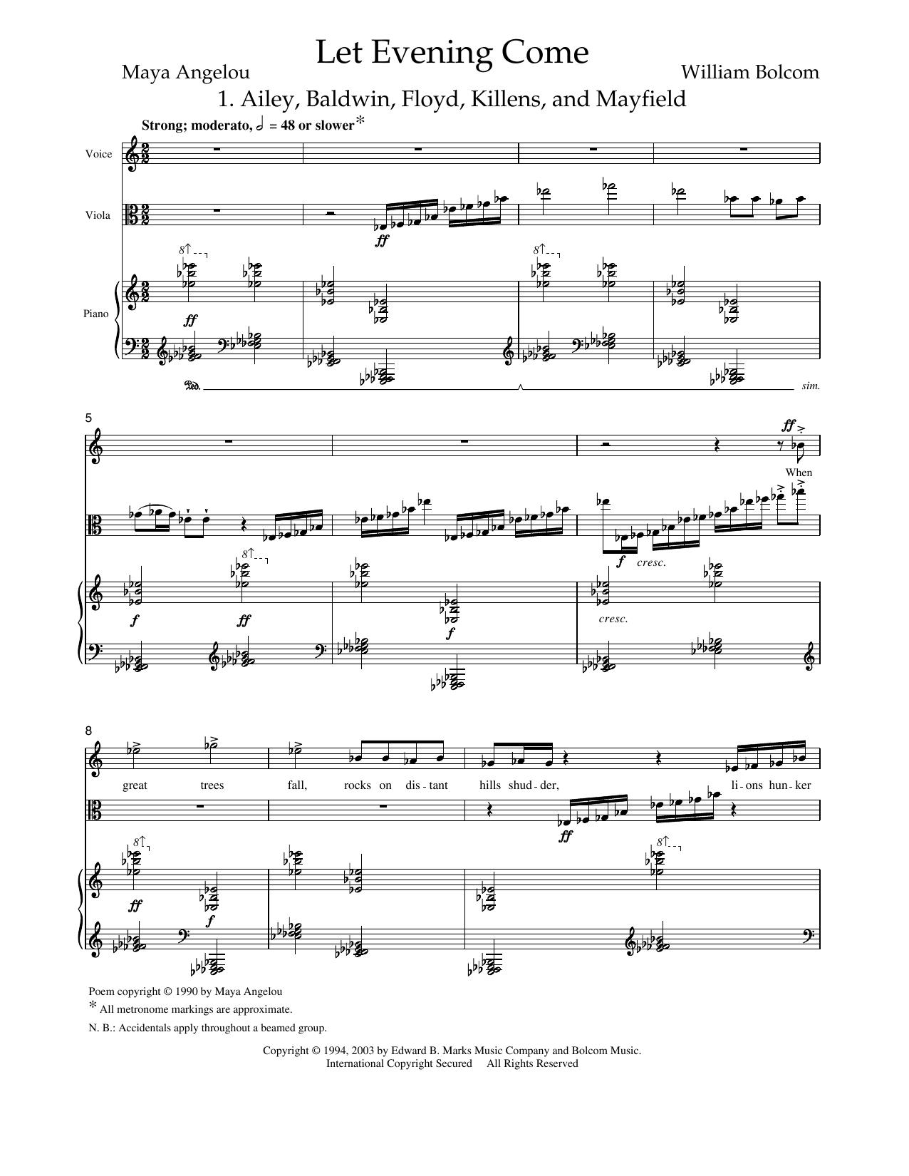 William Bolcom Let Evening Come (for soprano, viola and piano) sheet music, chords, lyrics - Printable PDF for Piano & Vocal