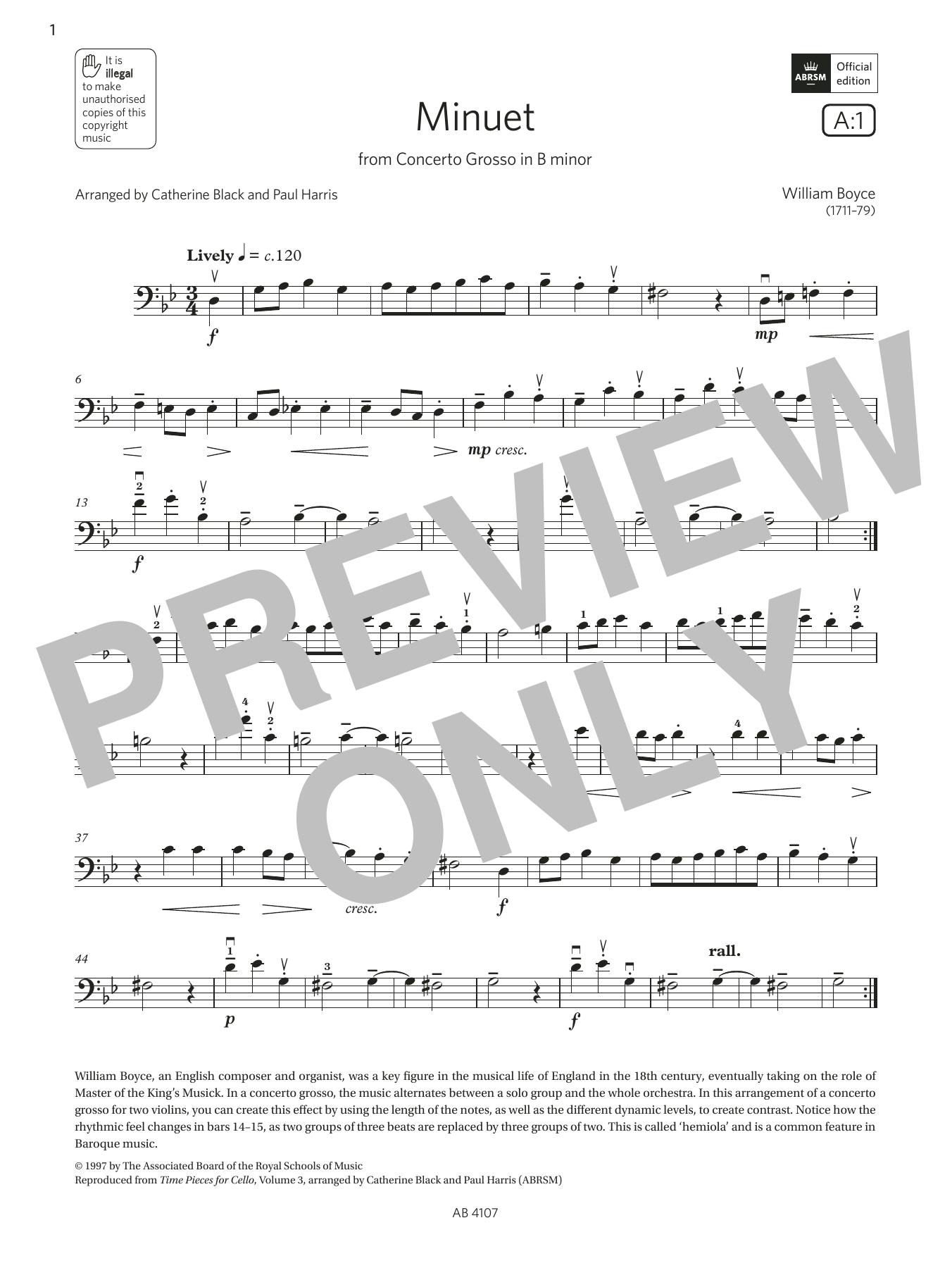 William Boyce Minuet (Grade 4, A1, from the ABRSM Cello Syllabus from 2024) sheet music, chords, lyrics - Printable PDF for Cello Solo