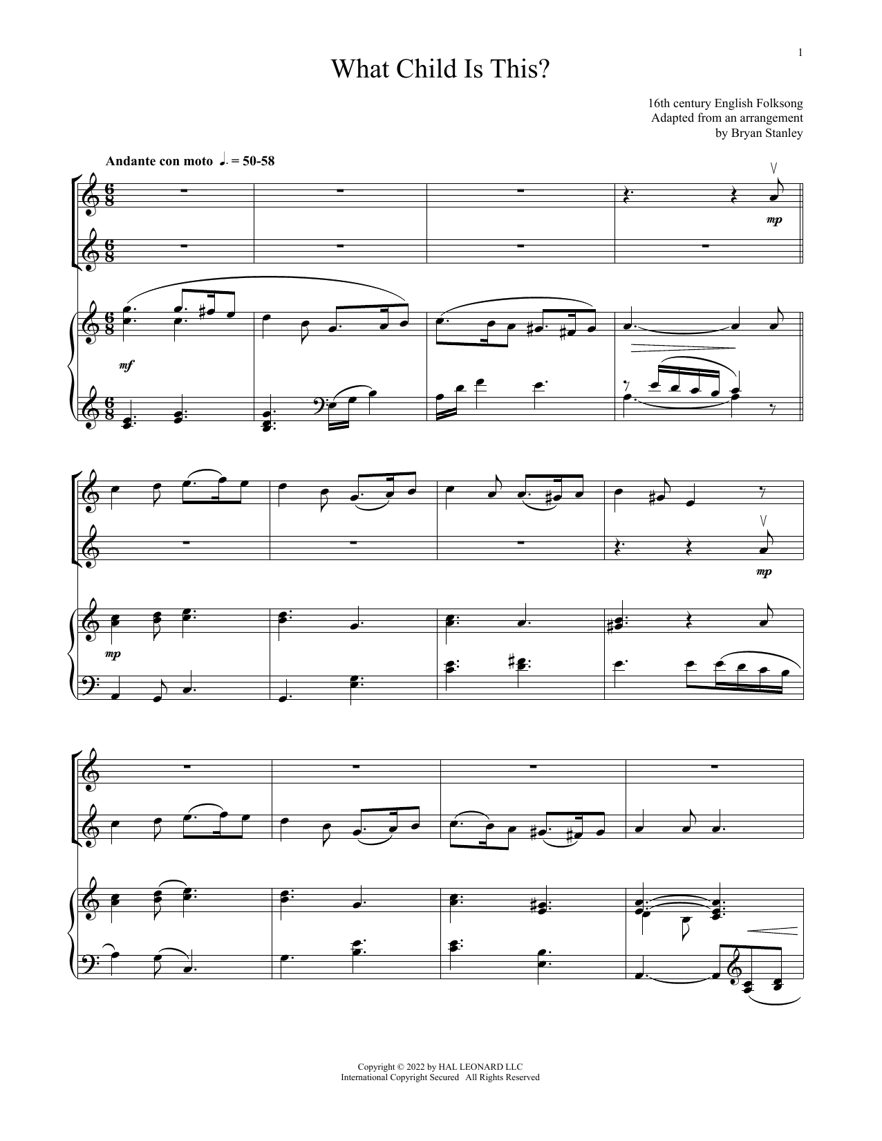 William C. Dix What Child Is This? (for Violin Duet and Piano) sheet music, chords, lyrics - Printable PDF for Violin and Piano