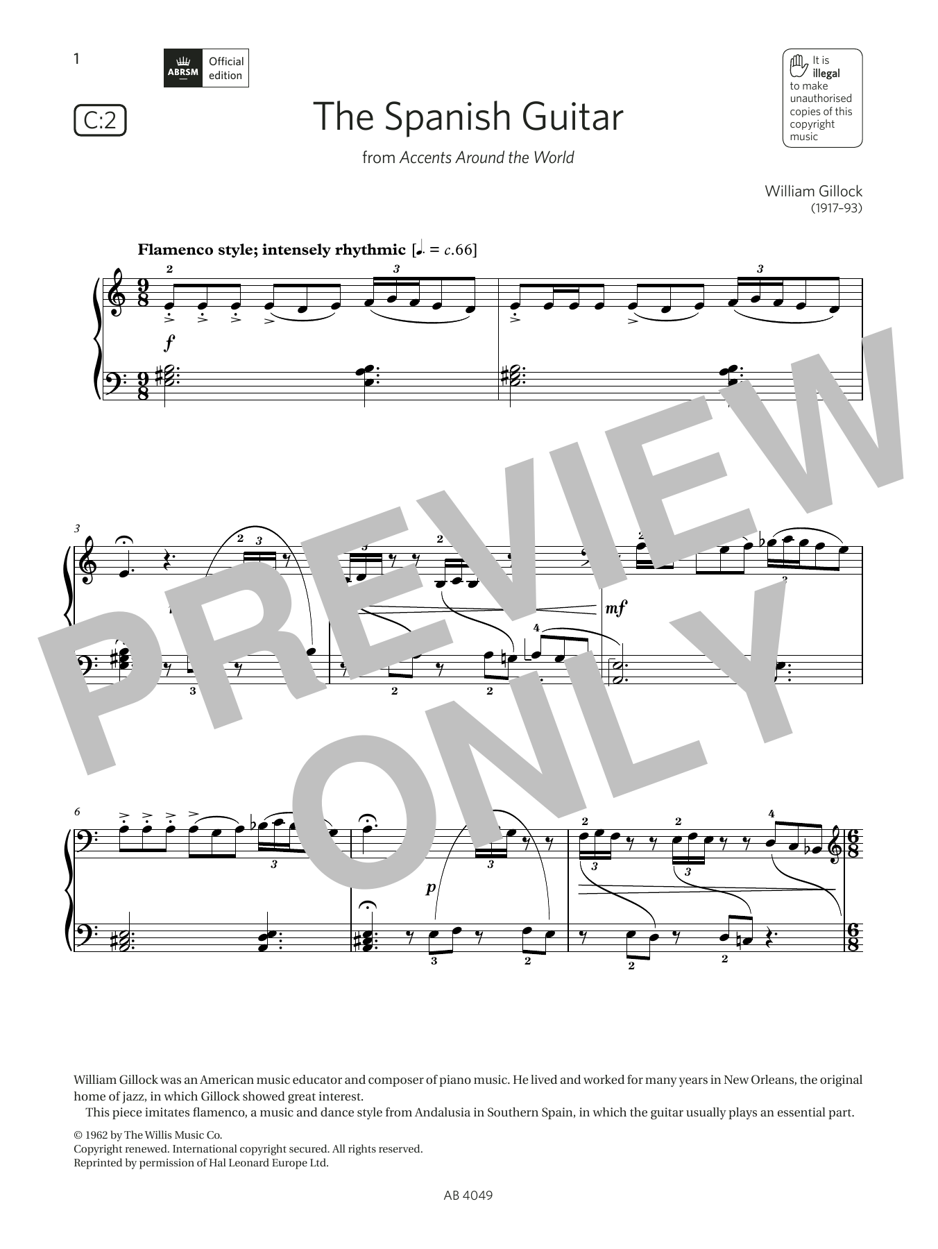 William Gillock The Spanish Guitar (Grade 3, list C2, from the ABRSM Piano Syllabus 2023 & 2024) sheet music, chords, lyrics - Printable PDF for Piano Solo