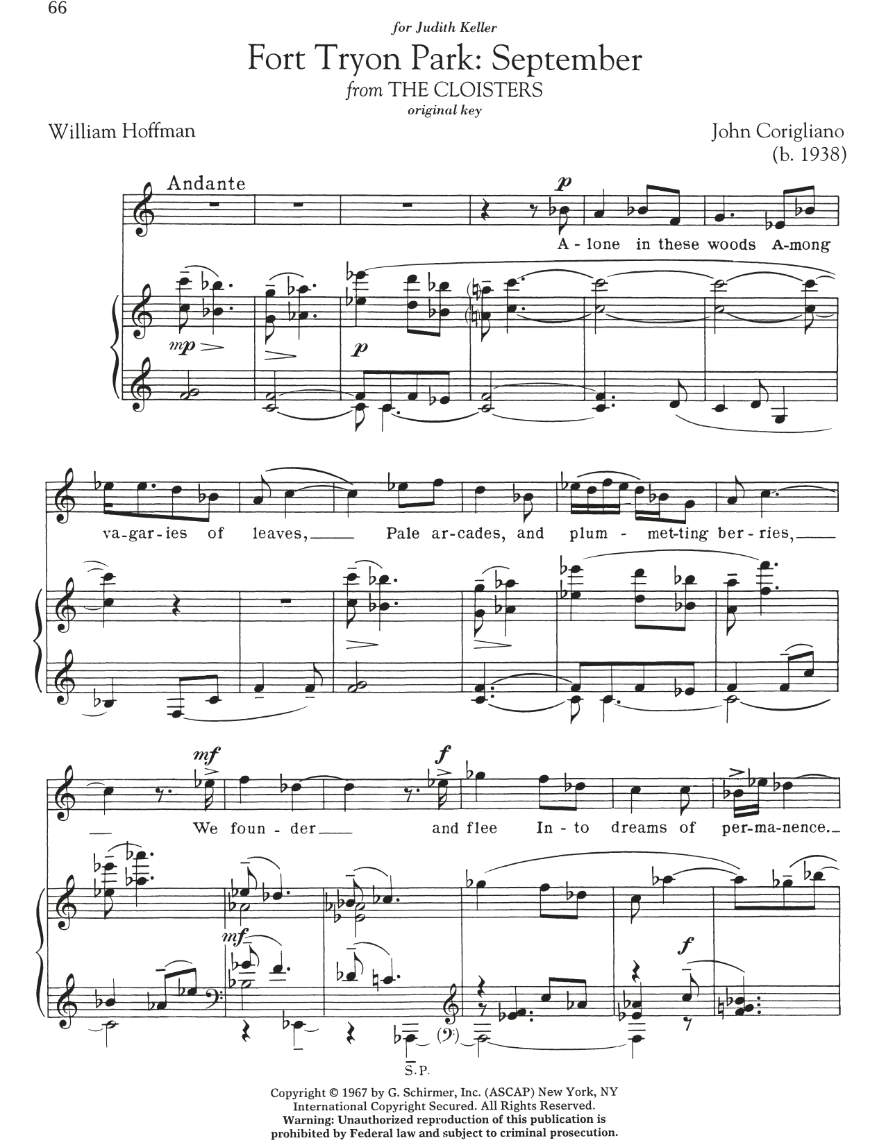 William Hoffman Fort Tryon Park: September sheet music, chords, lyrics - Printable PDF for Piano & Vocal