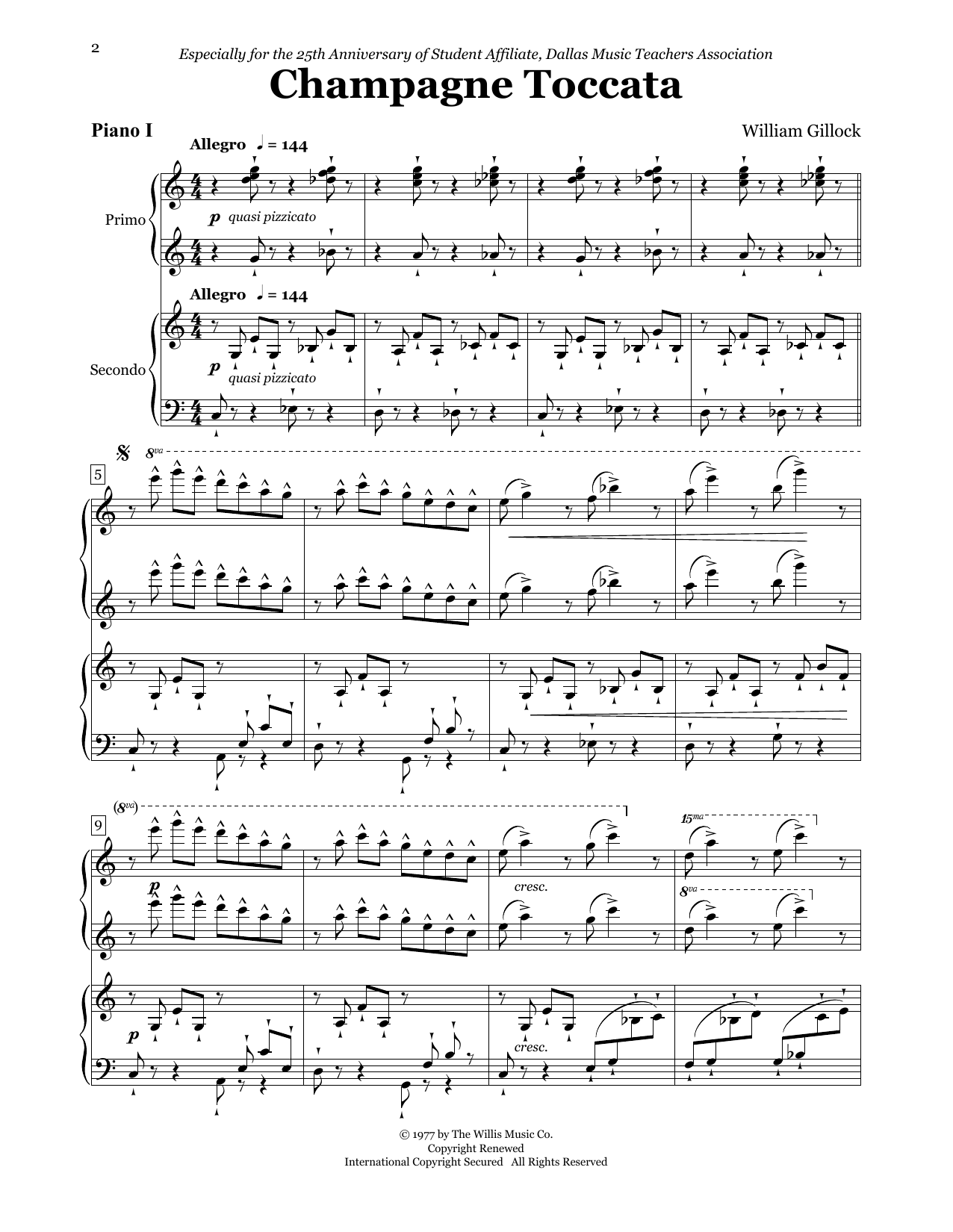 William Gillock Champagne Toccata (for 2 Pianos, 8 Hands) sheet music, chords, lyrics - Printable PDF for Piano Duet