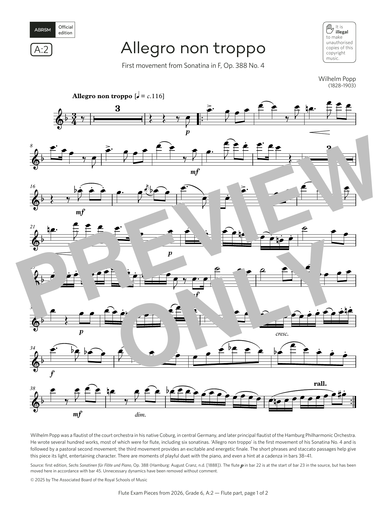 William Popp Allegro non troppo (Grade 6, list A2, from the ABRSM Flute Syllabus from 2026) sheet music, chords, lyrics - Printable PDF for Flute Solo