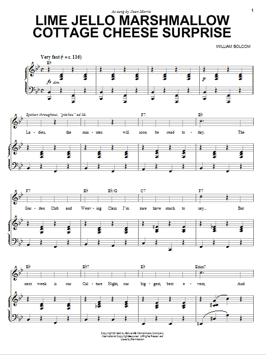 Learn to play William Bolcom Lime Jello Marshmallow Cottage Cheese Surprise sheet music for Piano, Vocal & Guitar (Right-Hand Melody) in minutes. William Bolcom Lime Jello Marshmallow Cottage Cheese Surprise sheet music preview music notes and score for Piano, Vocal & Guitar (Right-Hand Melody) including 9 page(s)