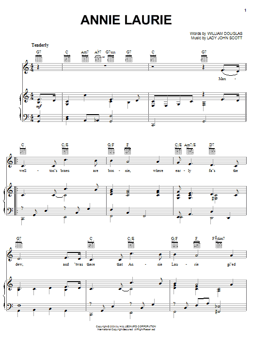 Learn to play William Douglas Annie Laurie sheet music for Piano, Vocal & Guitar (Right-Hand Melody) in minutes. William Douglas Annie Laurie sheet music preview music notes and score for Piano, Vocal & Guitar (Right-Hand Melody) including 2 page(s)
